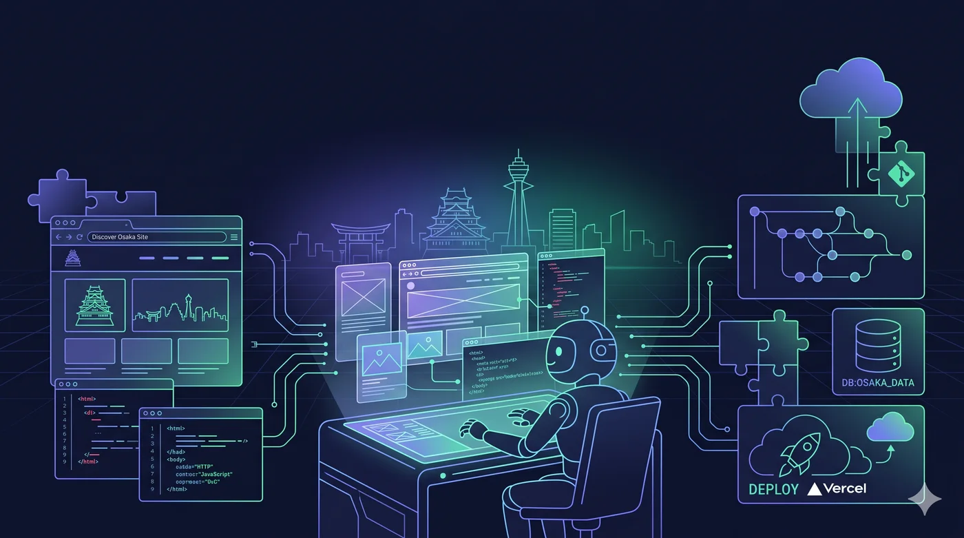 AIアシスタントと一緒にWebサイトを組み立てる様子のイラスト。大阪のスカイラインや、データベース・デプロイのアイコンが描かれている