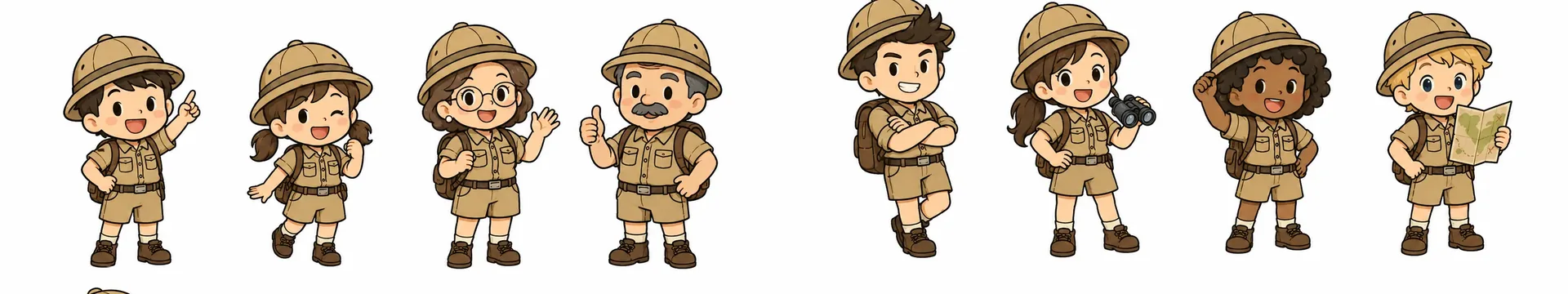 大阪探検隊8人のちびキャラ集合 — 横一列レイアウト