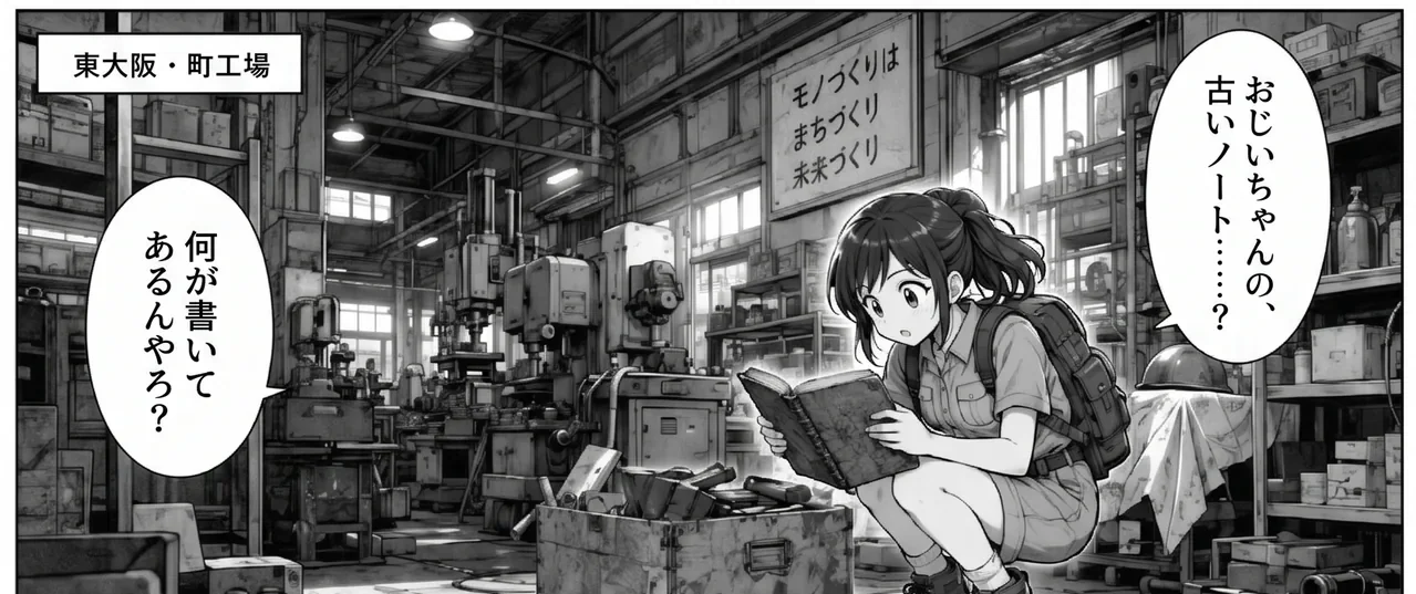 AIコミック第1話「東大阪から、夢洲の記憶へ」の表紙コマ。東大阪の町工場で探検ノートを見つけたみおり。