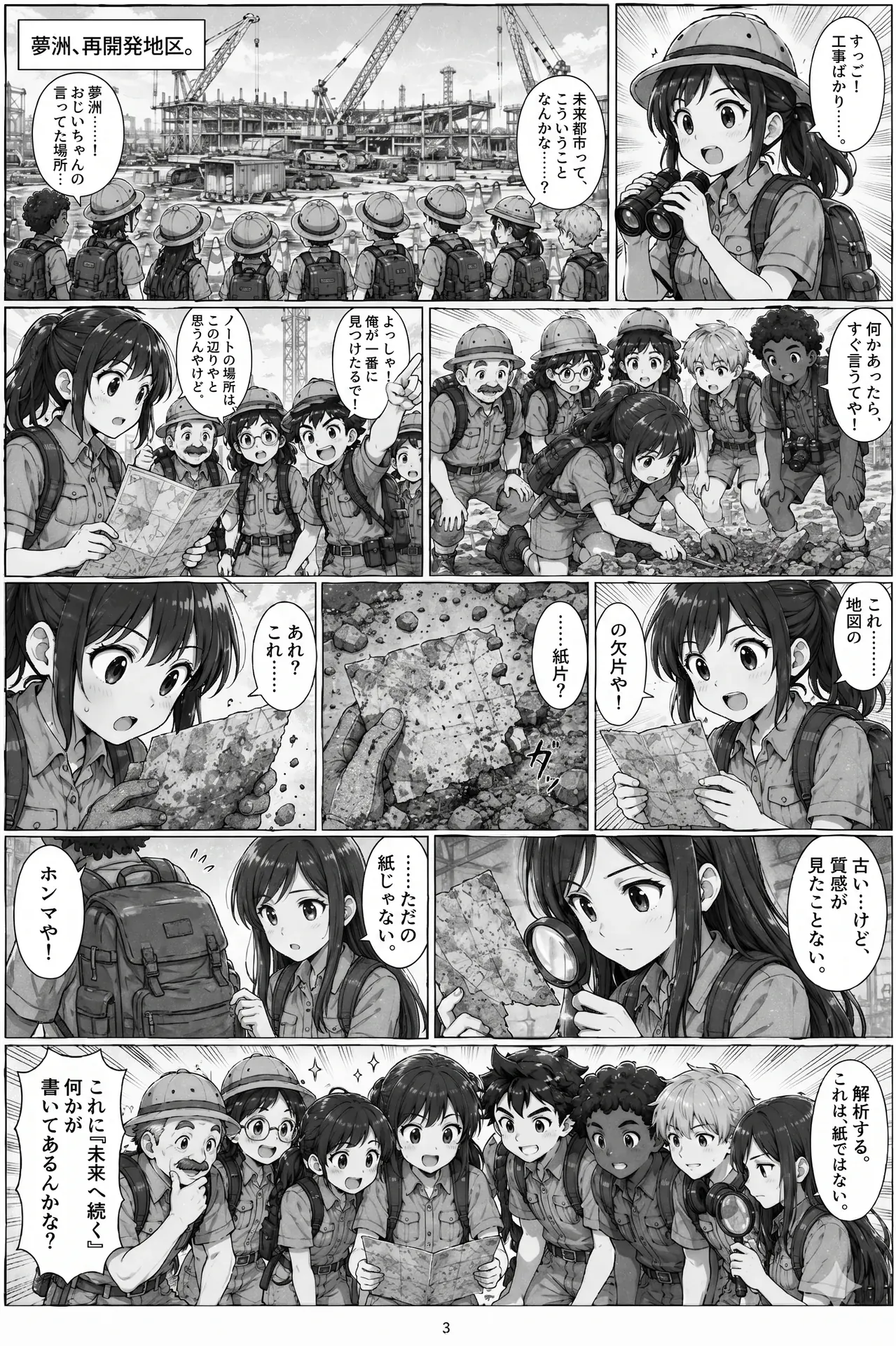 AIコミック第1話 3ページ目。万博終了後の夢洲再開発地区で、探検隊が地図の欠片を発見し、ルーペで観察するシーン。