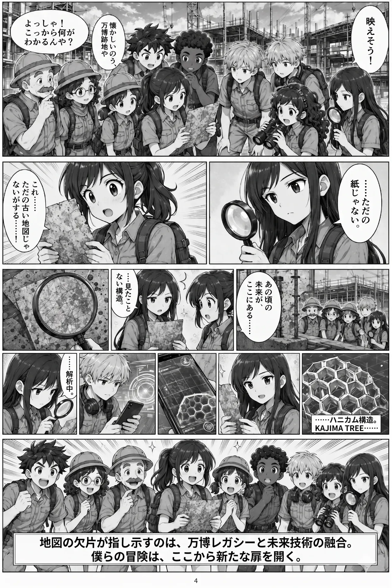 AIコミック第1話 4ページ目。地図の欠片が次世代構造材『KAJIMA TREE』のハニカム構造であると判明し、探検隊が解析するシーン。