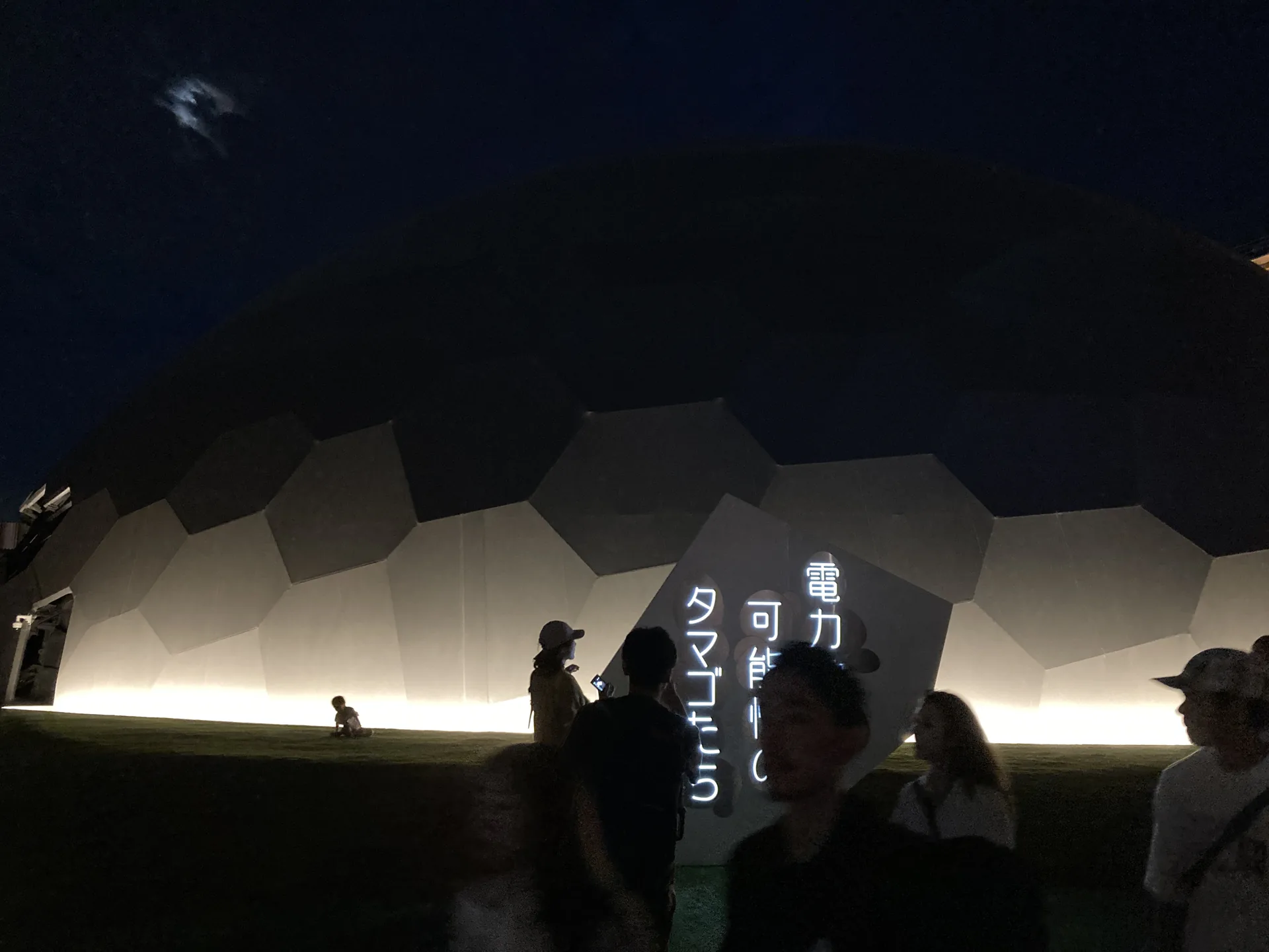 電力館『可能性のタマゴたち』の白い六角ドームに、夜空を背景に縦書きで浮かぶサイン「電力／可能性の／タマゴたち」