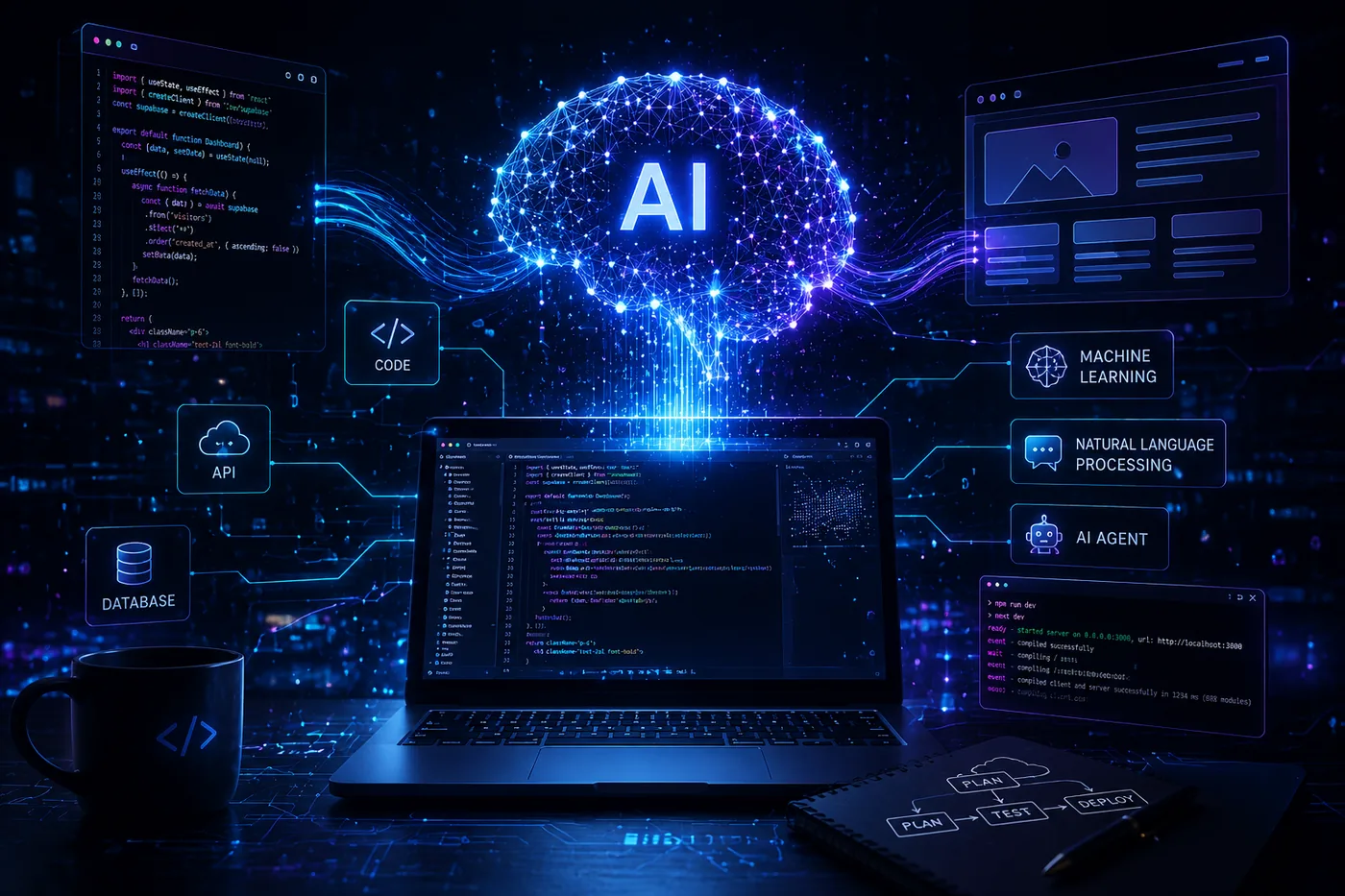 AIの脳とノートPCのコード、API・データベース・機械学習・自然言語処理のアイコンが繋がった、進化するAIのイメージ