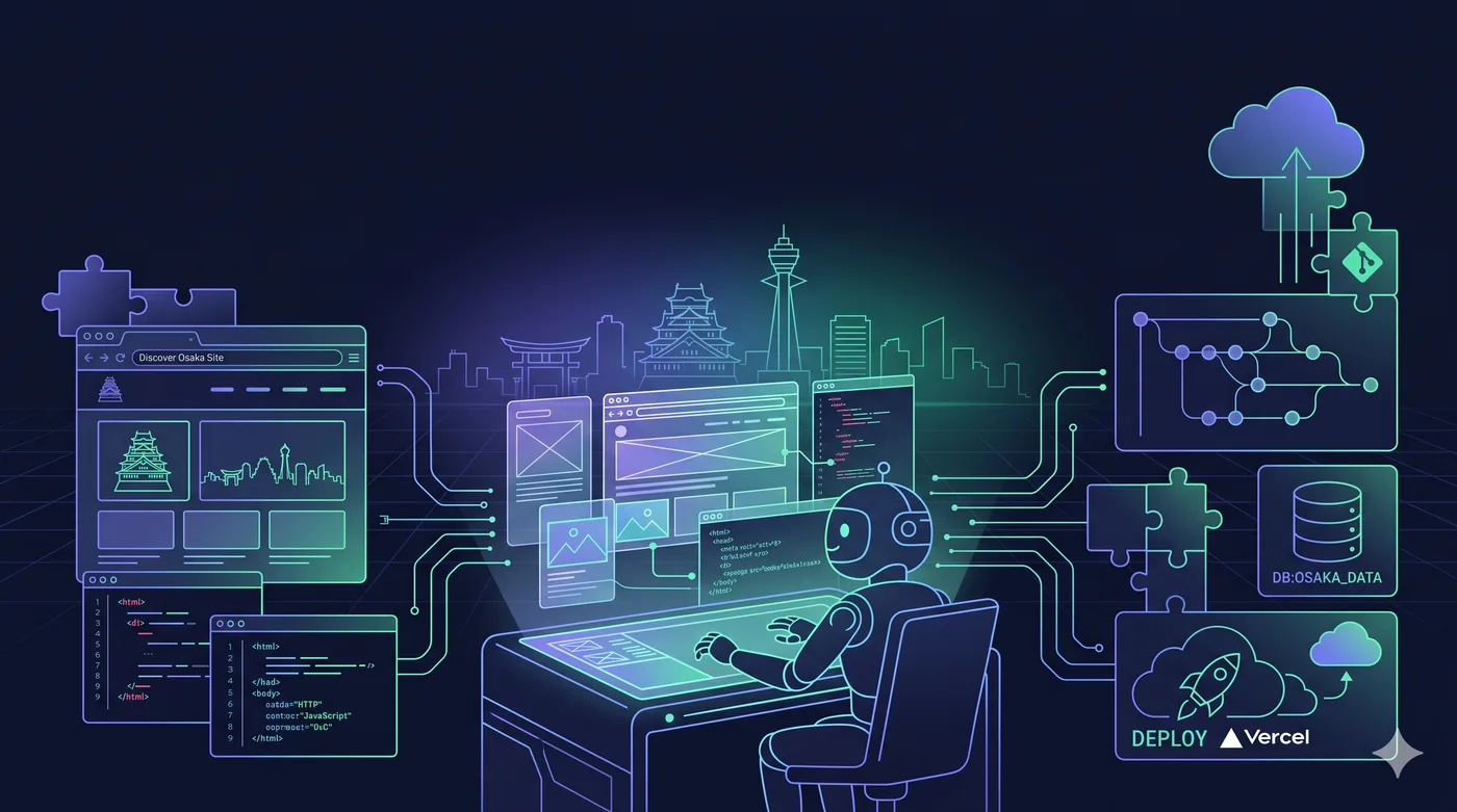 ロボットがたくさんのモニターでコードを管理しているイラスト。窓の外には通天閣など大阪の街、記録の枝分かれ図やデータベースのアイコンが見える