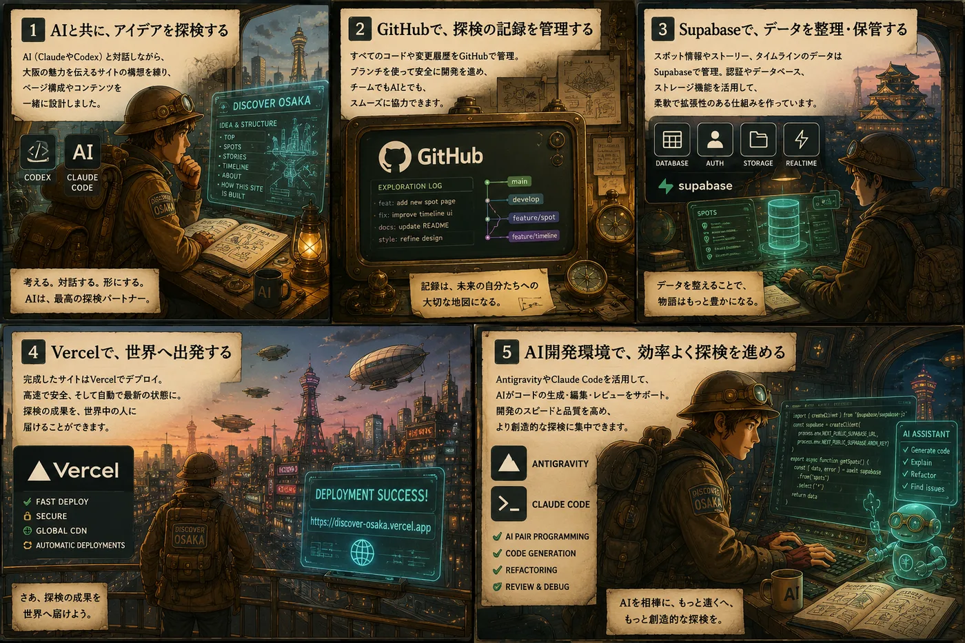 サイトづくりの旅を5コマで描いたイラスト。AIとアイデアを探検し、GitHubで記録し、Supabaseでデータを保管し、Vercelで世界へ公開し、AIで画像も生成する流れ