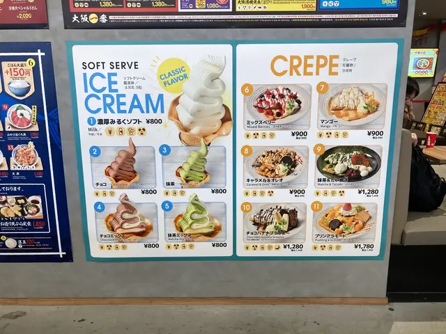 ソフトクリームとクレープのスイーツメニュー
