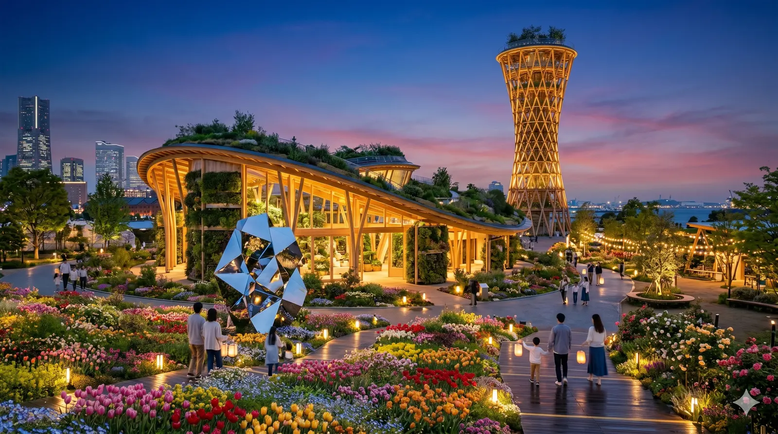 横浜花博 GREEN×EXPO 2027 会場の夕景イメージ。花畑と木造パビリオン、展望タワー